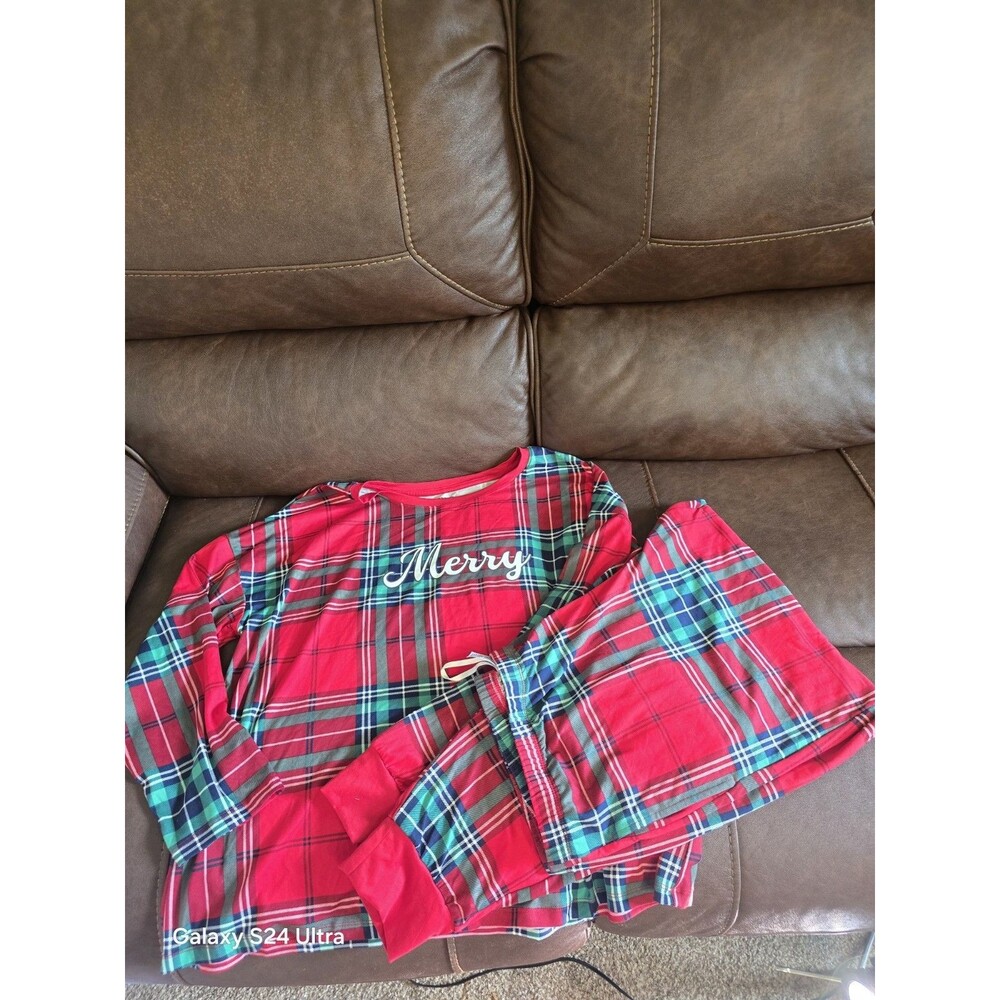 Women’s Christmas Plaid Pajama Set XL 16-18 Red Green “Merry” 2 Piece Sleepwear